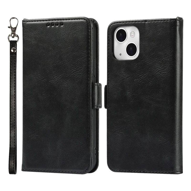 For iPhone 14 Shockproof Flip Leather Phone Case Retro Wallet Stand Magnetic Clasp Phone Cover with Strap - Black