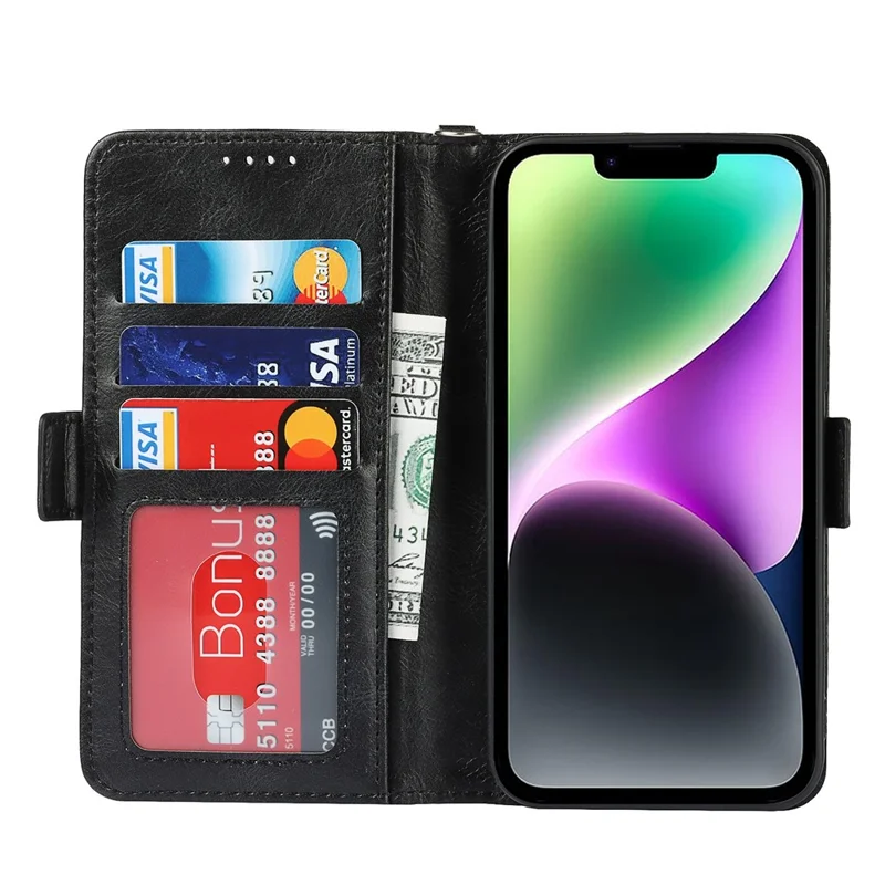For iPhone 14 Shockproof Flip Leather Phone Case Retro Wallet Stand Magnetic Clasp Phone Cover with Strap - Black