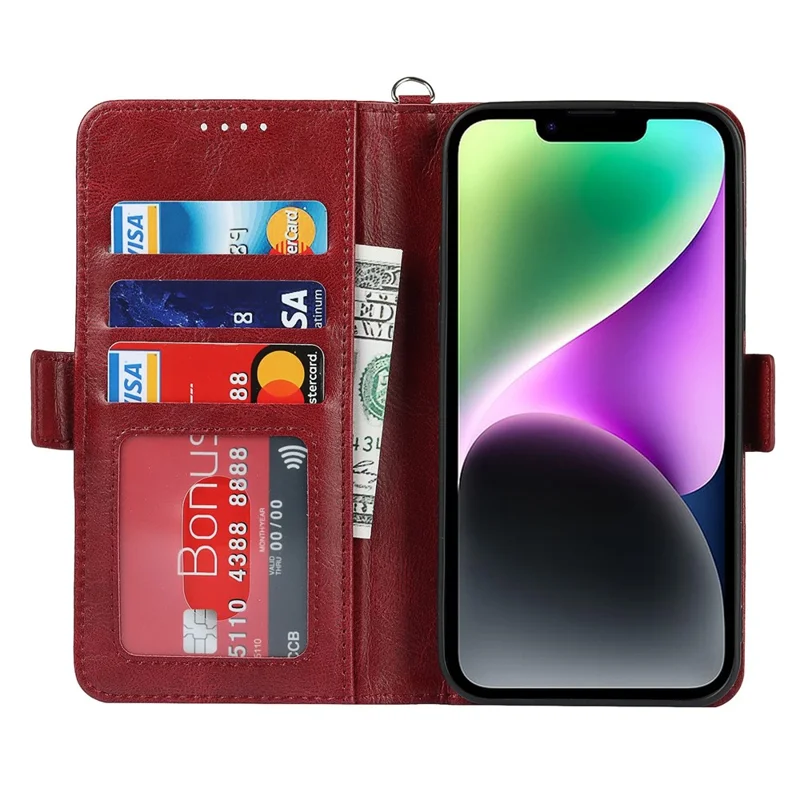 For iPhone 14 Shockproof Flip Leather Phone Case Retro Wallet Stand Magnetic Clasp Phone Cover with Strap - Red