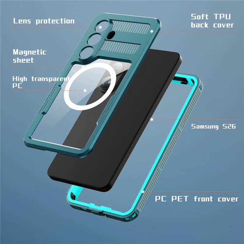REDPEPPER Étui étanche IP68 pour Samsung Galaxy S26, housse magnétique transparente - Bleu