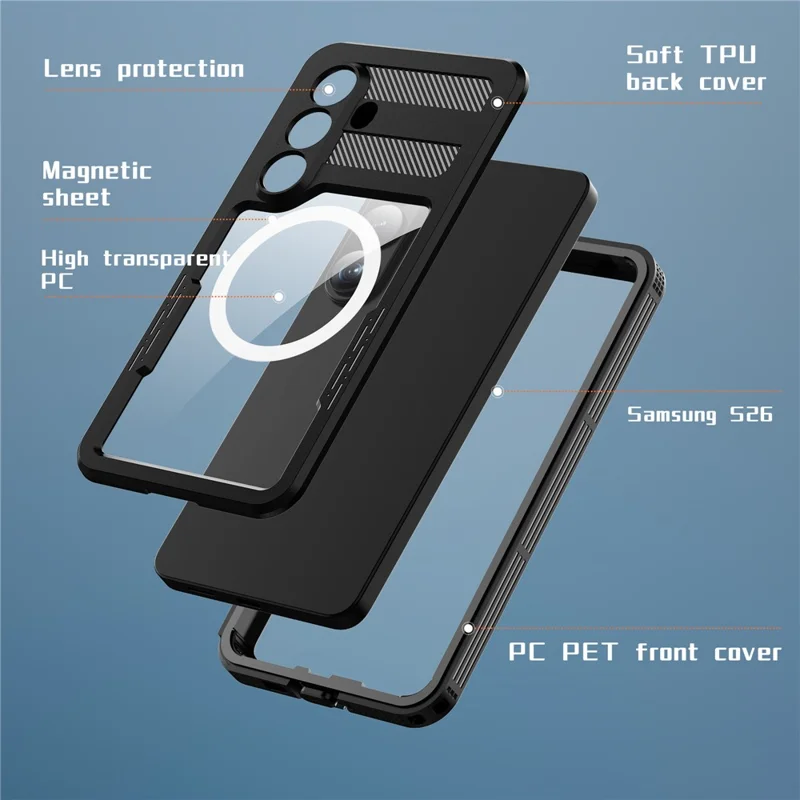 REDPEPPER pour Samsung Galaxy S26 étui étanche IP68, coque magnétique transparente - Noir