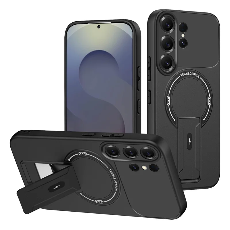 For Samsung Galaxy S26 Ultra Case Skin Touch Kickstand PC + TPU Phone Cover Support Magnetic Car Mount - Black