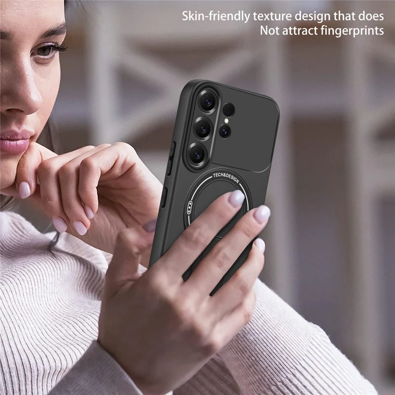 For Samsung Galaxy S26 Ultra Case Skin Touch Kickstand PC + TPU Phone Cover Support Magnetic Car Mount - Black