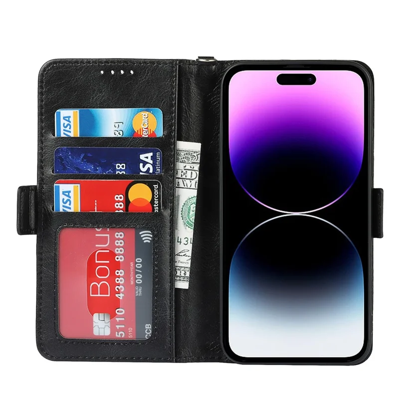 Für iPhone 14 Pro Kratzfeste Handyhülle im Retro-Stil mit Geldbörse, Ständer, magnetischem Verschluss, stoßfest, Flip-Lederhülle mit Trageriemen - Schwarz