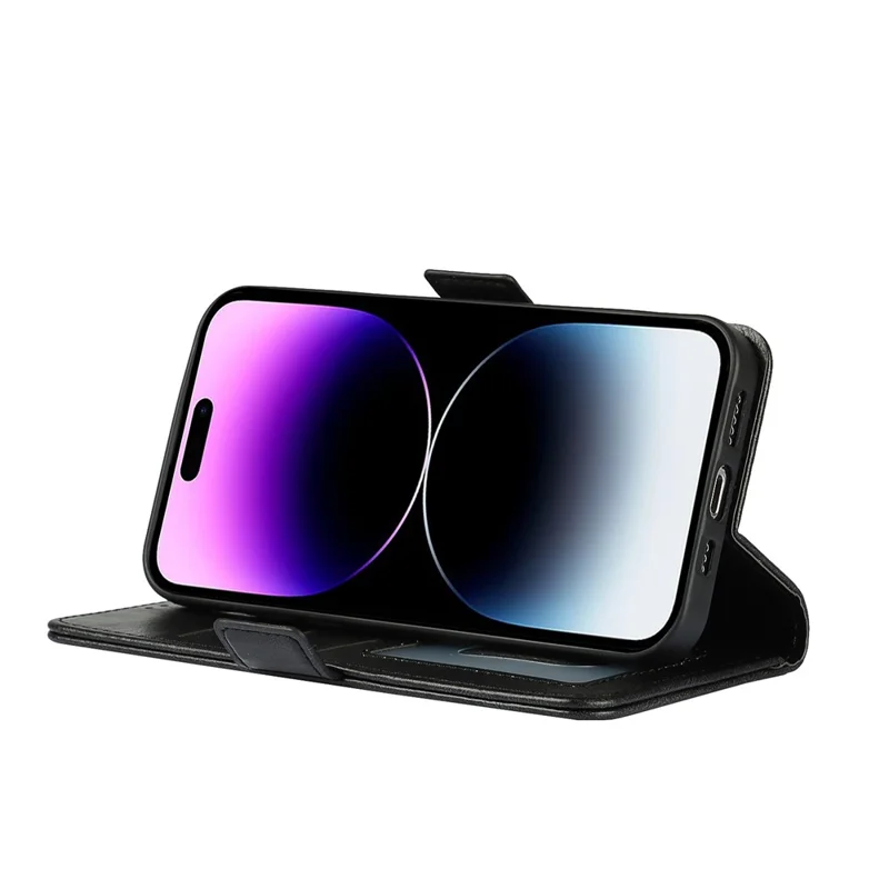 Für iPhone 14 Pro Kratzfeste Handyhülle im Retro-Stil mit Geldbörse, Ständer, magnetischem Verschluss, stoßfest, Flip-Lederhülle mit Trageriemen - Schwarz