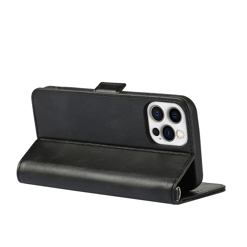 Für iPhone 14 Pro Kratzfeste Handyhülle im Retro-Stil mit Geldbörse, Ständer, magnetischem Verschluss, stoßfest, Flip-Lederhülle mit Trageriemen - Schwarz
