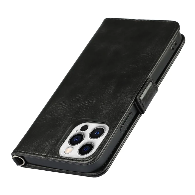 Für iPhone 14 Pro Kratzfeste Handyhülle im Retro-Stil mit Geldbörse, Ständer, magnetischem Verschluss, stoßfest, Flip-Lederhülle mit Trageriemen - Schwarz