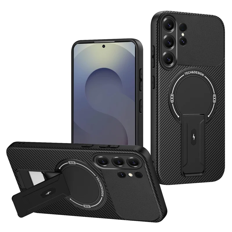 For Samsung Galaxy S26 Ultra Case Carbon Fiber Texture PC + TPU Phone Cover with Kickstand - Black