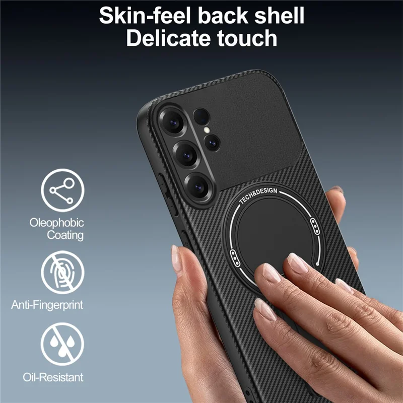 For Samsung Galaxy S26 Ultra Case Carbon Fiber Texture PC + TPU Phone Cover with Kickstand - Black