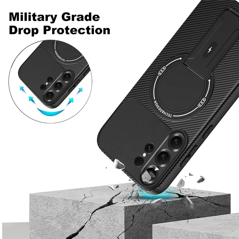 For Samsung Galaxy S26 Ultra Case Carbon Fiber Texture PC + TPU Phone Cover with Kickstand - Black