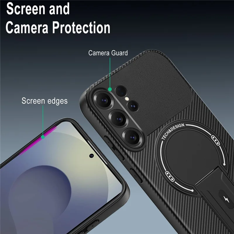 For Samsung Galaxy S26 Ultra Case Carbon Fiber Texture PC + TPU Phone Cover with Kickstand - Black