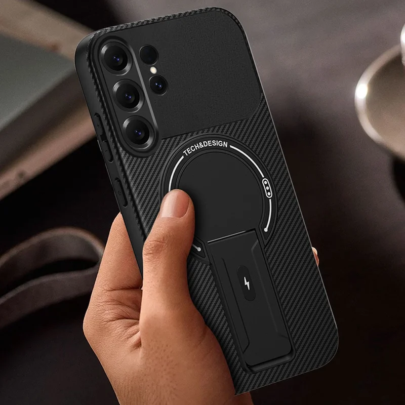 For Samsung Galaxy S26 Ultra Case Carbon Fiber Texture PC + TPU Phone Cover with Kickstand - Black