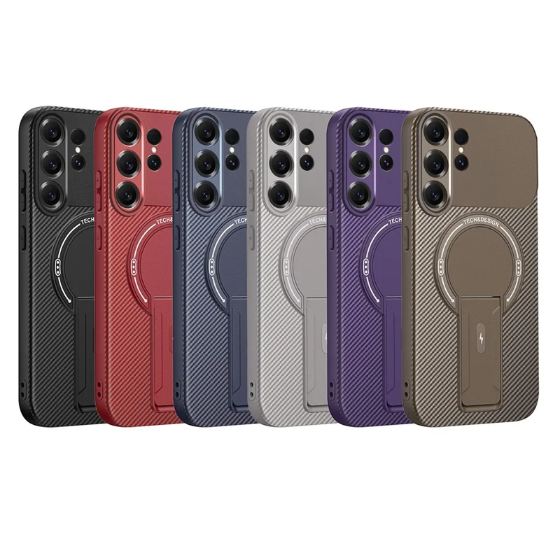 For Samsung Galaxy S26 Ultra Case Carbon Fiber Texture PC + TPU Phone Cover with Kickstand - Black