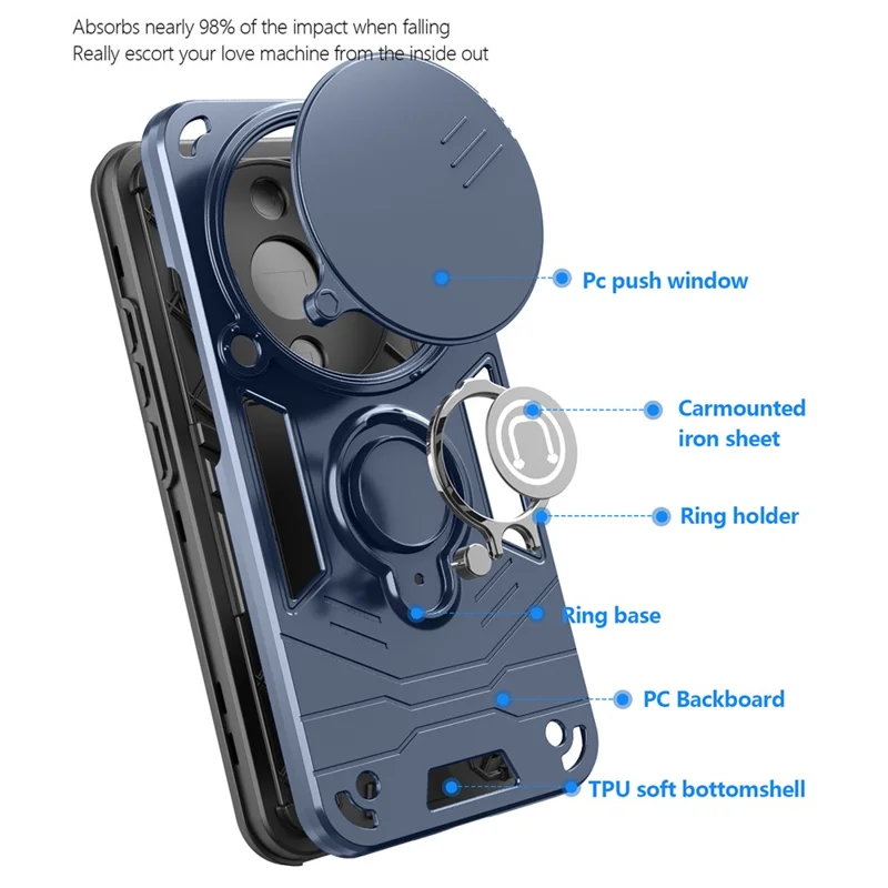 Cover con supporto per Honor X70 5G / X9d 5G / Magic8 Lite 5G, cover per telefono PC + TPU con scudo scorrevole per fotocamera - Blu