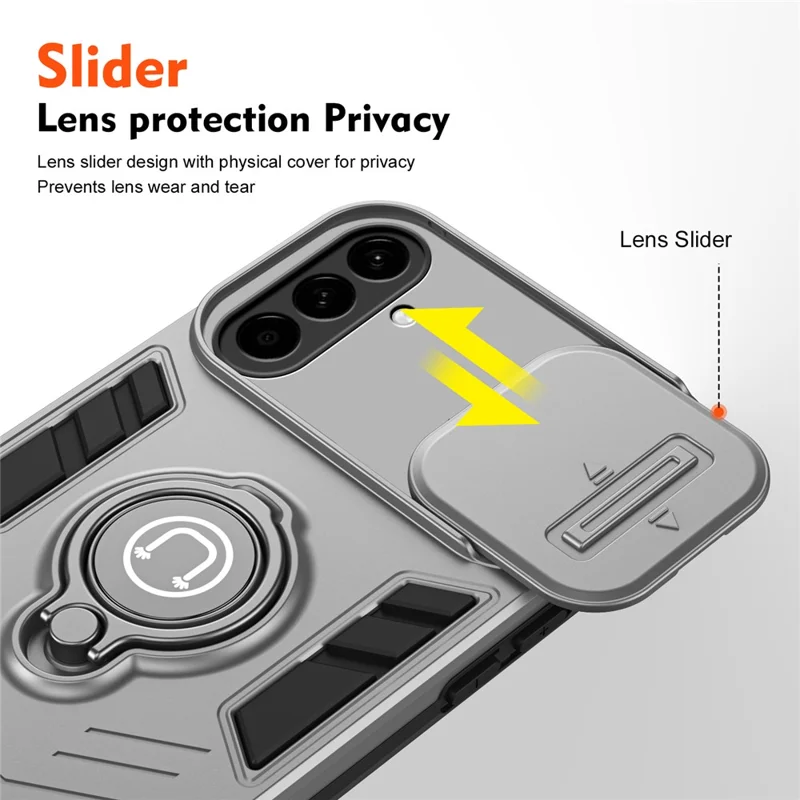 Obudowa do Samsung Galaxy A57 z przesuwaną osłoną aparatu, podstawką i uchwytem PC + TPU - Szara