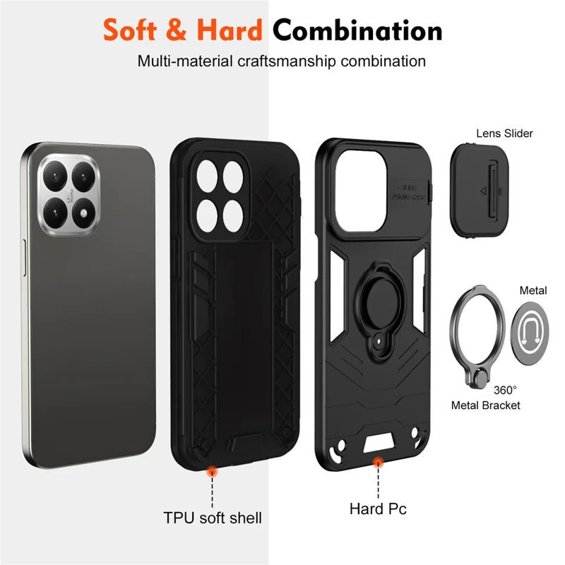 For Xiaomi 15T Case Slide Camshield Kickstand PC + TPU Phone Cover - Black
