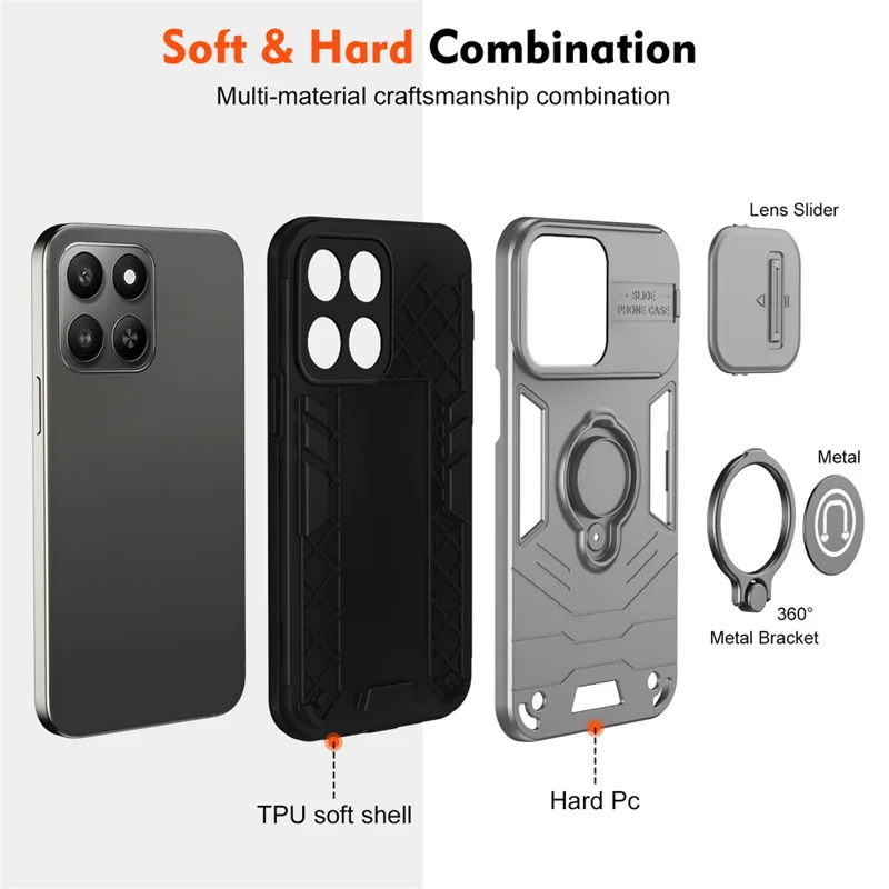 Coque avec support pour Honor 400 Smart 4G / 400 Smart 5G / X7d 5G, cache-lentille coulissant, protection en PC + TPU pour téléphone - Gris