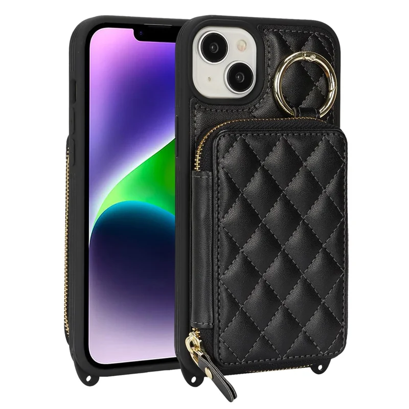 For iPhone 14 Plus Case Ring Holder Zipper Pocket Kickstand Leather Back Phone Cover with Shoulder Strap - Black