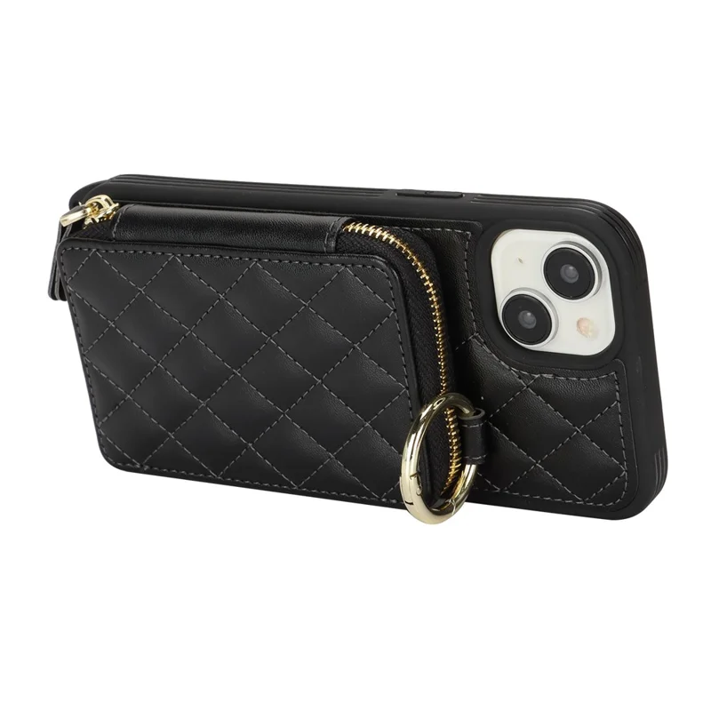 For iPhone 14 Plus Case Ring Holder Zipper Pocket Kickstand Leather Back Phone Cover with Shoulder Strap - Black