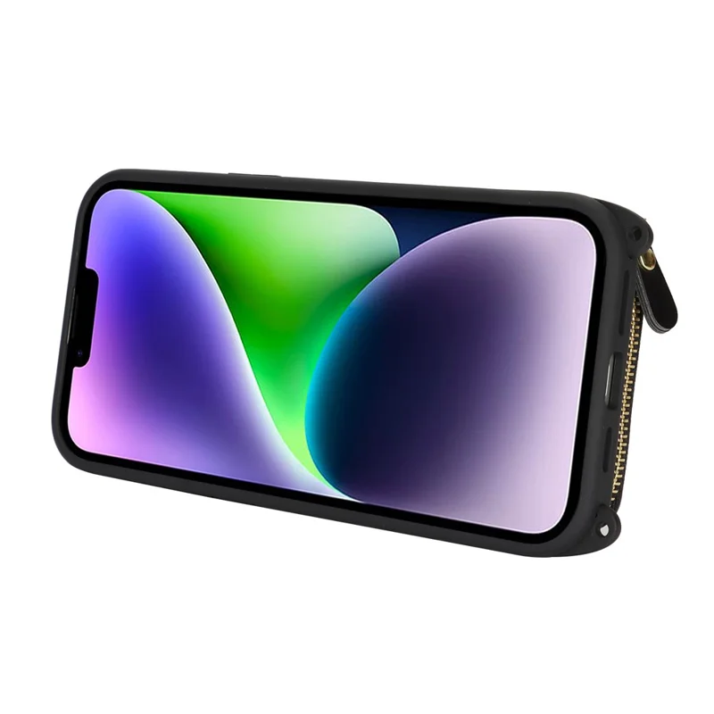 For iPhone 14 Plus Case Ring Holder Zipper Pocket Kickstand Leather Back Phone Cover with Shoulder Strap - Black