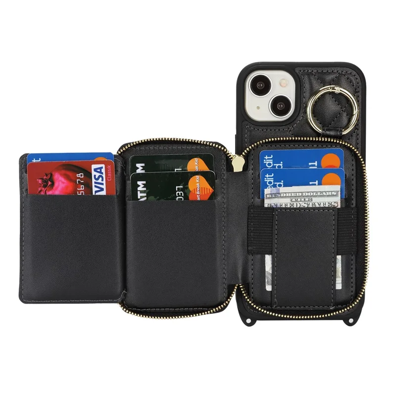 For iPhone 14 Plus Case Ring Holder Zipper Pocket Kickstand Leather Back Phone Cover with Shoulder Strap - Black