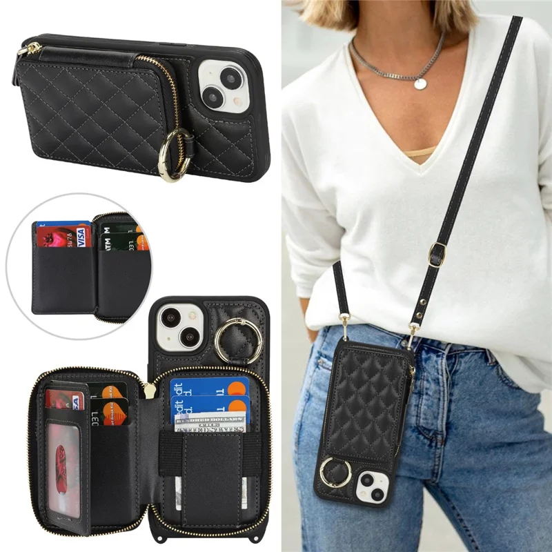 For iPhone 14 Plus Case Ring Holder Zipper Pocket Kickstand Leather Back Phone Cover with Shoulder Strap - Black