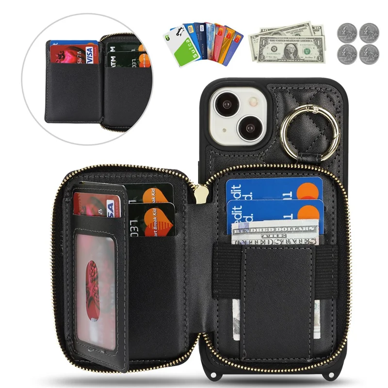 For iPhone 14 Plus Case Ring Holder Zipper Pocket Kickstand Leather Back Phone Cover with Shoulder Strap - Black