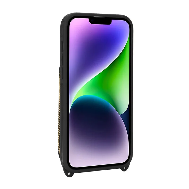 For iPhone 14 Plus Case Ring Holder Zipper Pocket Kickstand Leather Back Phone Cover with Shoulder Strap - Black