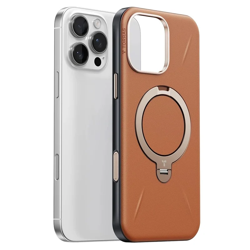 TORRAS Ostand Spin VegSkin Serie für iPhone 16 Pro Hülle, kompatibel mit MagSafe, Ständer-Handyhülle – Braun