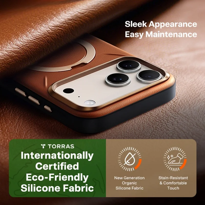 TORRAS Ostand Spin VegSkin Serie für iPhone 16 Pro Hülle, kompatibel mit MagSafe, Ständer-Handyhülle – Braun