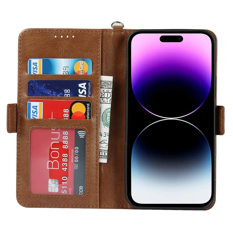 For iPhone 14 Pro Max Anti-scratch Phone Case Retro Wallet Stand Magnetic Clasp Drop Proof Flip Leather Phone Cover with Strap - Brown