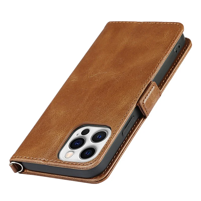 For iPhone 14 Pro Max Anti-scratch Phone Case Retro Wallet Stand Magnetic Clasp Drop Proof Flip Leather Phone Cover with Strap - Brown