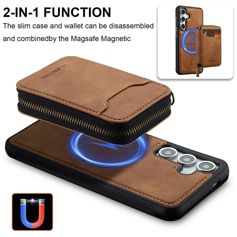 LC.IMEEKE L6 For Samsung Galaxy S26 / S26 Pro Magnetic Case Detachable Zipper Wallet Leather Coated PC + TPU Phone Cover - Brown