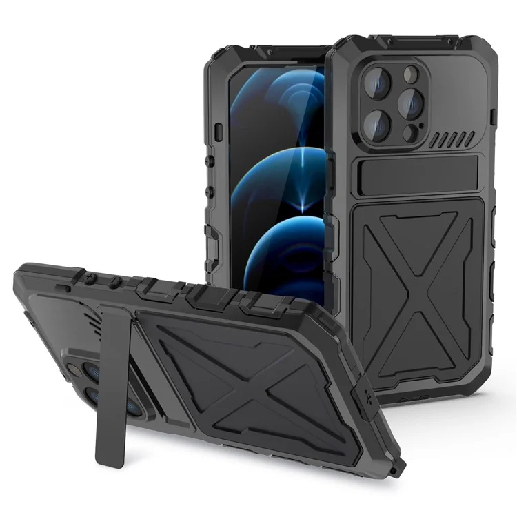 Case de Teléfono a Prueba de Choque de R-just Para Iphone 14 Pro, Silicona + Tapa de Metal Portada Con Protector de Pantalla de Vidrio Templado - Negro