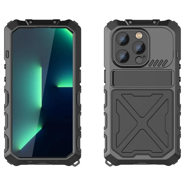 Case de Teléfono a Prueba de Choque de R-just Para Iphone 14 Pro, Silicona + Tapa de Metal Portada Con Protector de Pantalla de Vidrio Templado - Negro