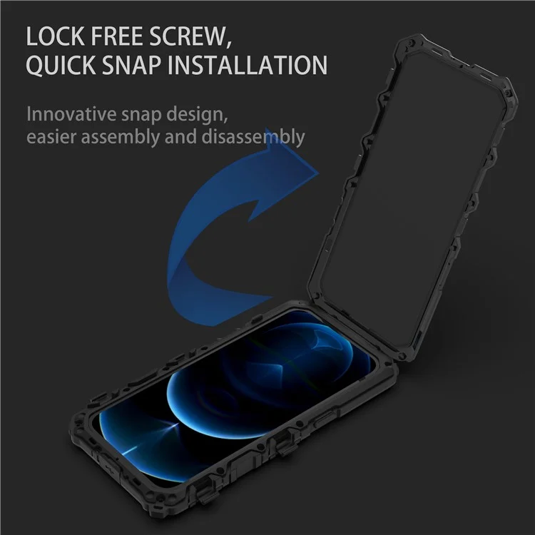 R-JUST Shockproof Phone Case For iPhone 14 Pro, Silicone + Metal Phone Cover Kickstand with Tempered Glass Screen Protector - Black