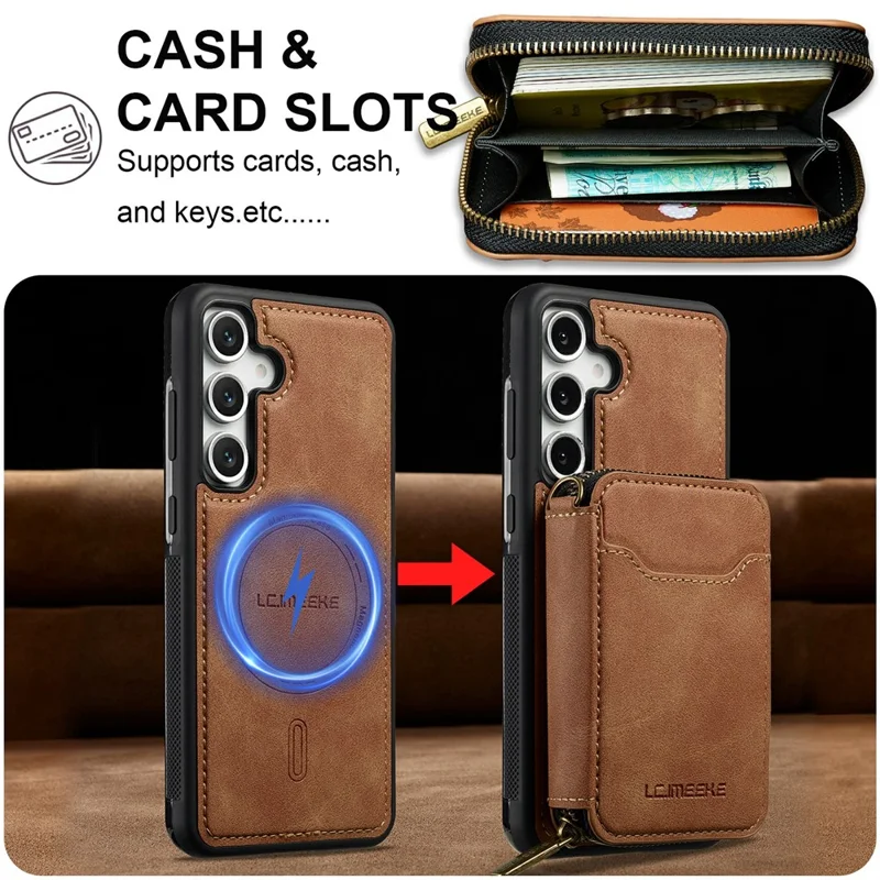 LC.IMEEKE L6 For Samsung Galaxy A57 Magnetic Case Detachable Zipper Wallet Leather Coated PC + TPU Phone Cover - Brown