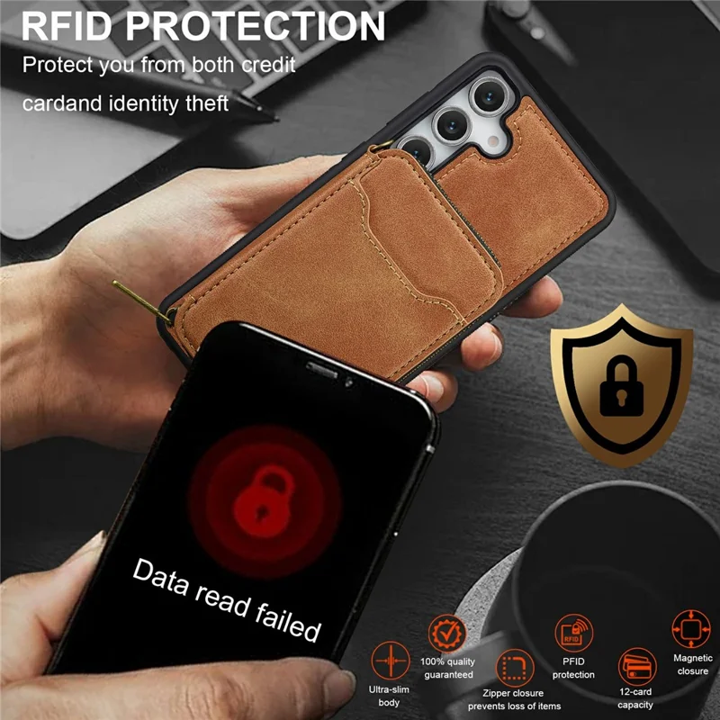 LC.IMEEKE L6 For Samsung Galaxy A57 Magnetic Case Detachable Zipper Wallet Leather Coated PC + TPU Phone Cover - Brown