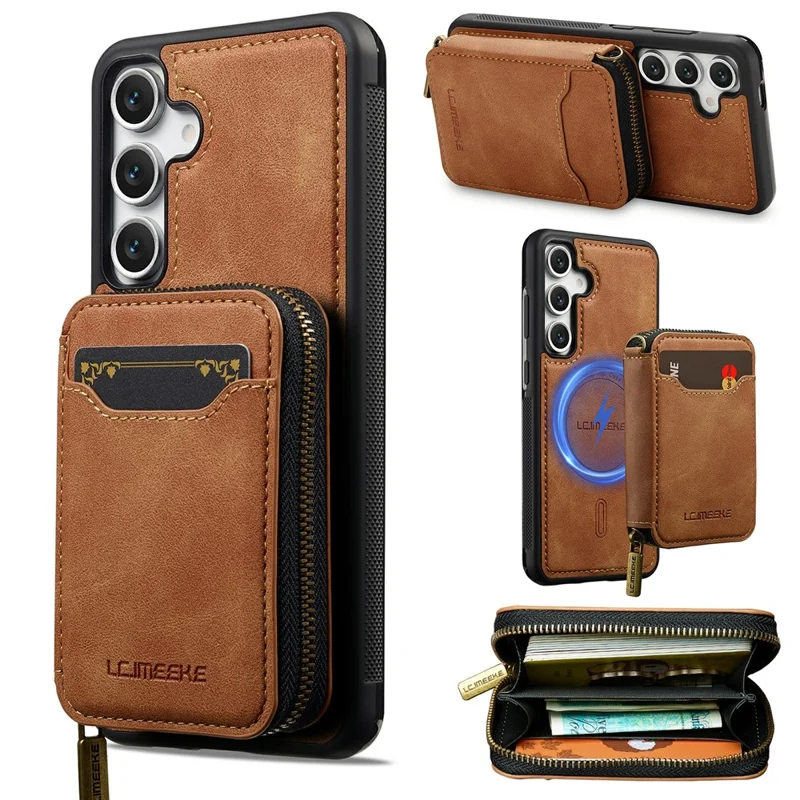 LC.IMEEKE L6 For Samsung Galaxy A37 Magnetic Case Detachable Zipper Wallet Leather Coated PC + TPU Phone Cover - Brown
