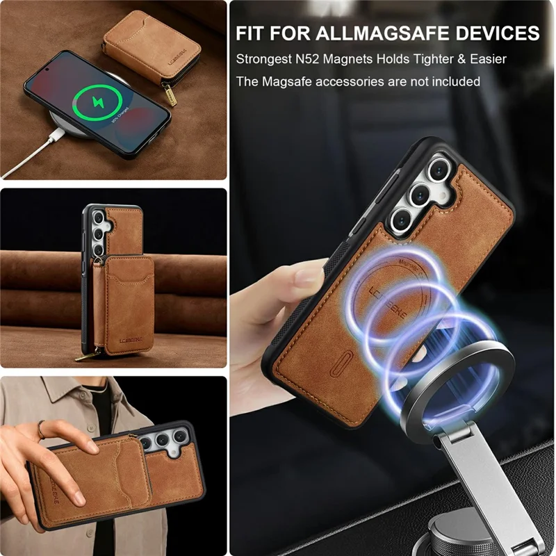 LC.IMEEKE L6 For Samsung Galaxy A37 Magnetic Case Detachable Zipper Wallet Leather Coated PC + TPU Phone Cover - Brown