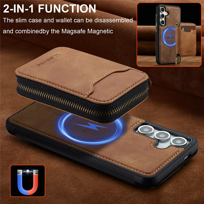 LC.IMEEKE L6 For Samsung Galaxy A37 Magnetic Case Detachable Zipper Wallet Leather Coated PC + TPU Phone Cover - Brown