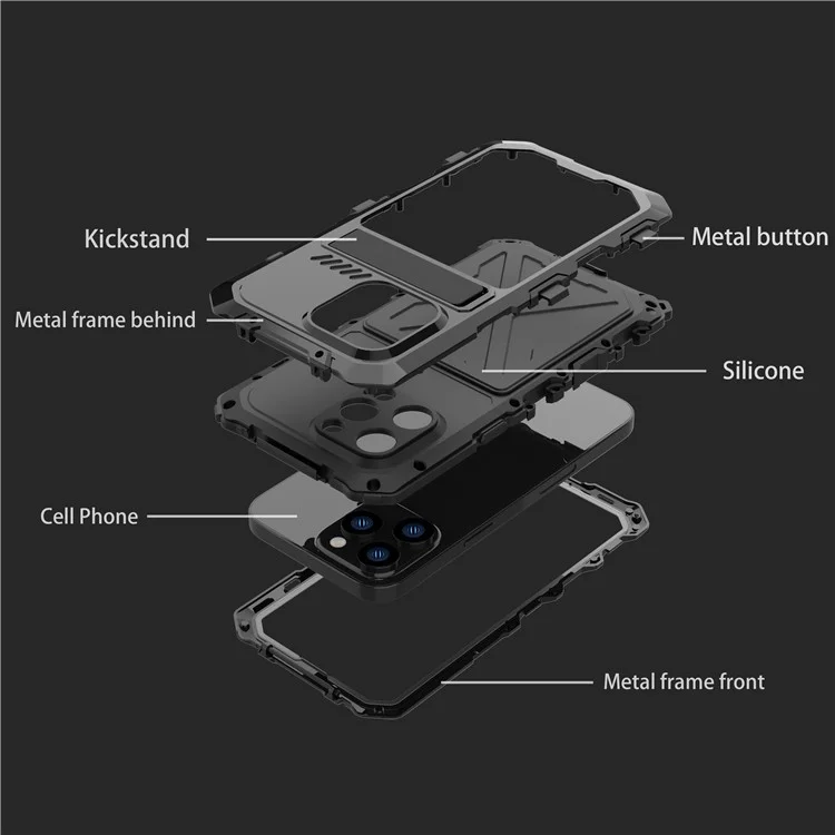 R-JUST Anti-drop Phone Case For iPhone 14 Pro Max, Silicone + Metal Scratch-resistant Cell Phone Cover Kickstand - Black