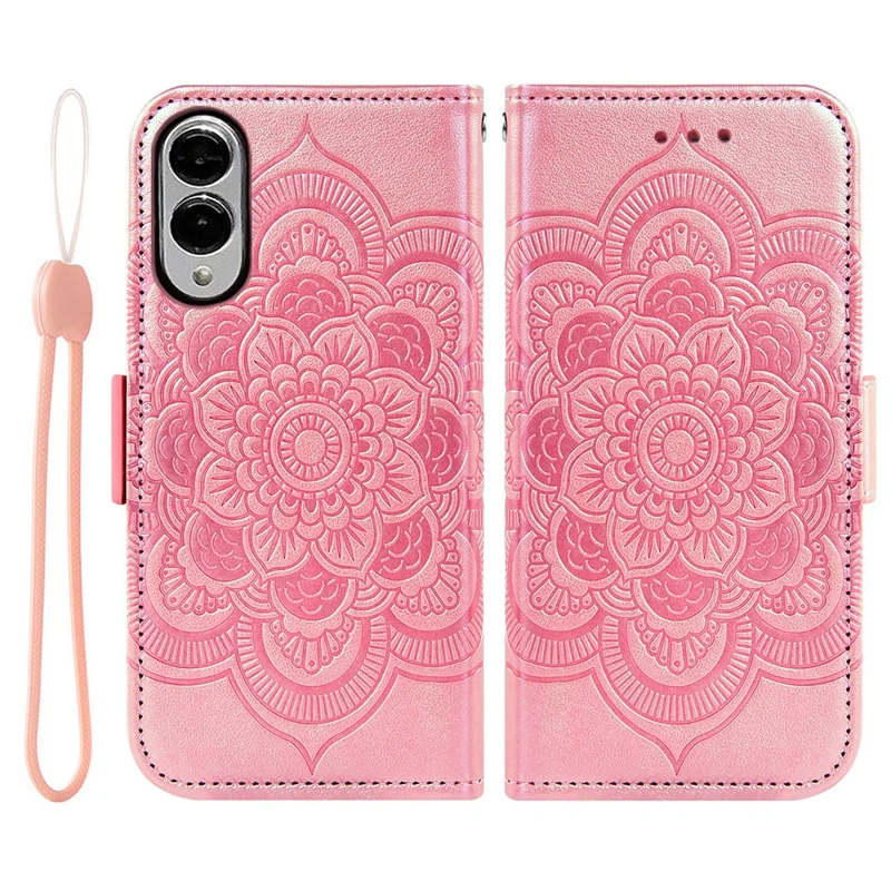 For Samsung Galaxy S25 Edge Case Peony Imprinted  TPU PU Leather Wallet Phone Cover with Wrist Strap - Rose Gold