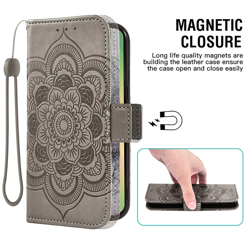 For Samsung Galaxy A36 5G Case Peony Imprinted  TPU PU Leather Wallet Phone Cover with Wrist Strap - Grey