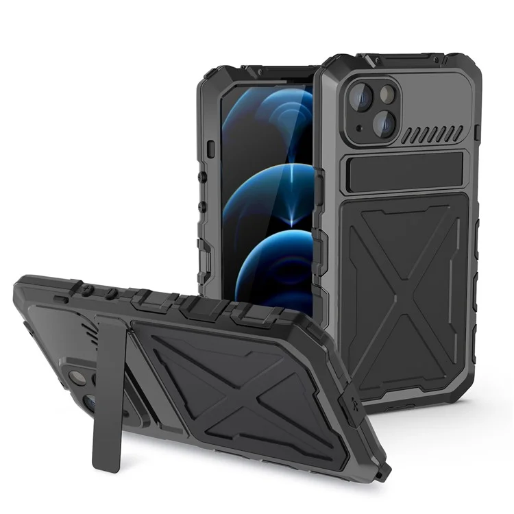 R-JUST For iPhone 14 Plus Silicone + Metal Protective Back Cover Kickstand Shockproof Smartphone Case - Black