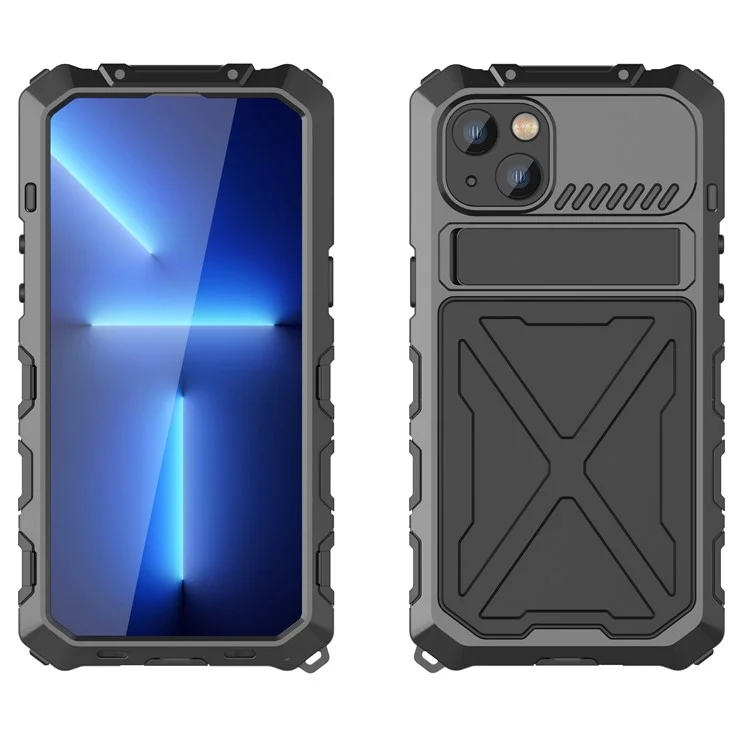 R-JUST For iPhone 14 Plus Silicone + Metal Protective Back Cover Kickstand Shockproof Smartphone Case - Black