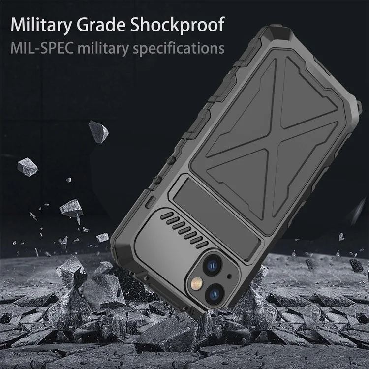 R-JUST For iPhone 14 Plus Silicone + Metal Protective Back Cover Kickstand Shockproof Smartphone Case - Black