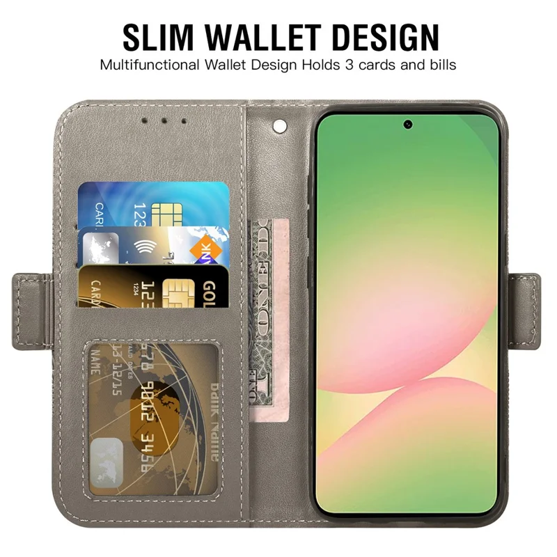 For Samsung Galaxy A16 5G / 4G / A26 5G Case Peony Imprinted  TPU PU Leather Wallet Phone Cover with Wrist Strap  - Grey