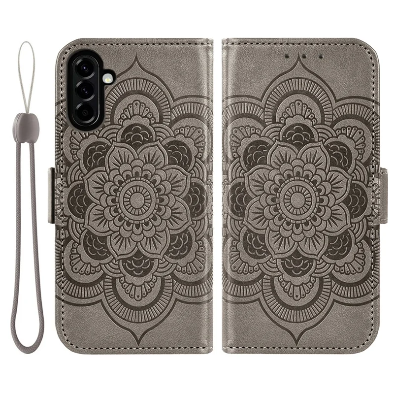 For Samsung Galaxy A55 5G Case Peony Imprinted  TPU PU Leather Wallet Phone Cover with Wrist Strap - Grey