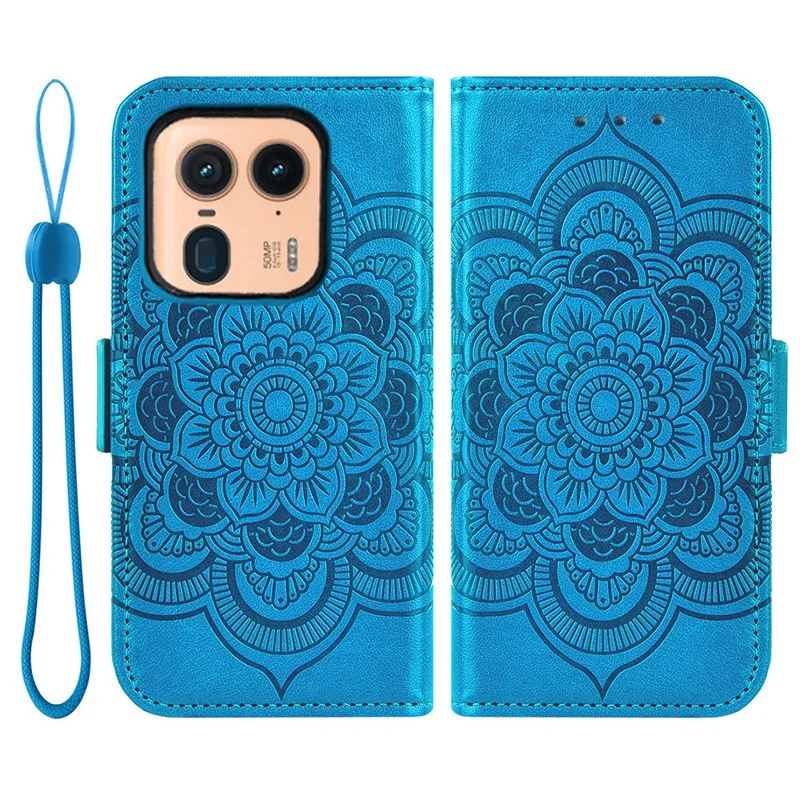 For Motorola Edge 50 Ultra 5G Case Peony Imprinted  TPU PU Leather Wallet Phone Cover with Wrist Strap - Blue